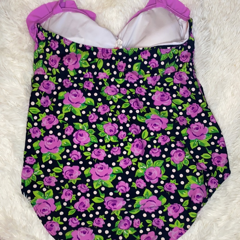 OP Purple Rose Black White Polka Dot One Piece Bathing Suit Size XXL - Picture 8 of 10